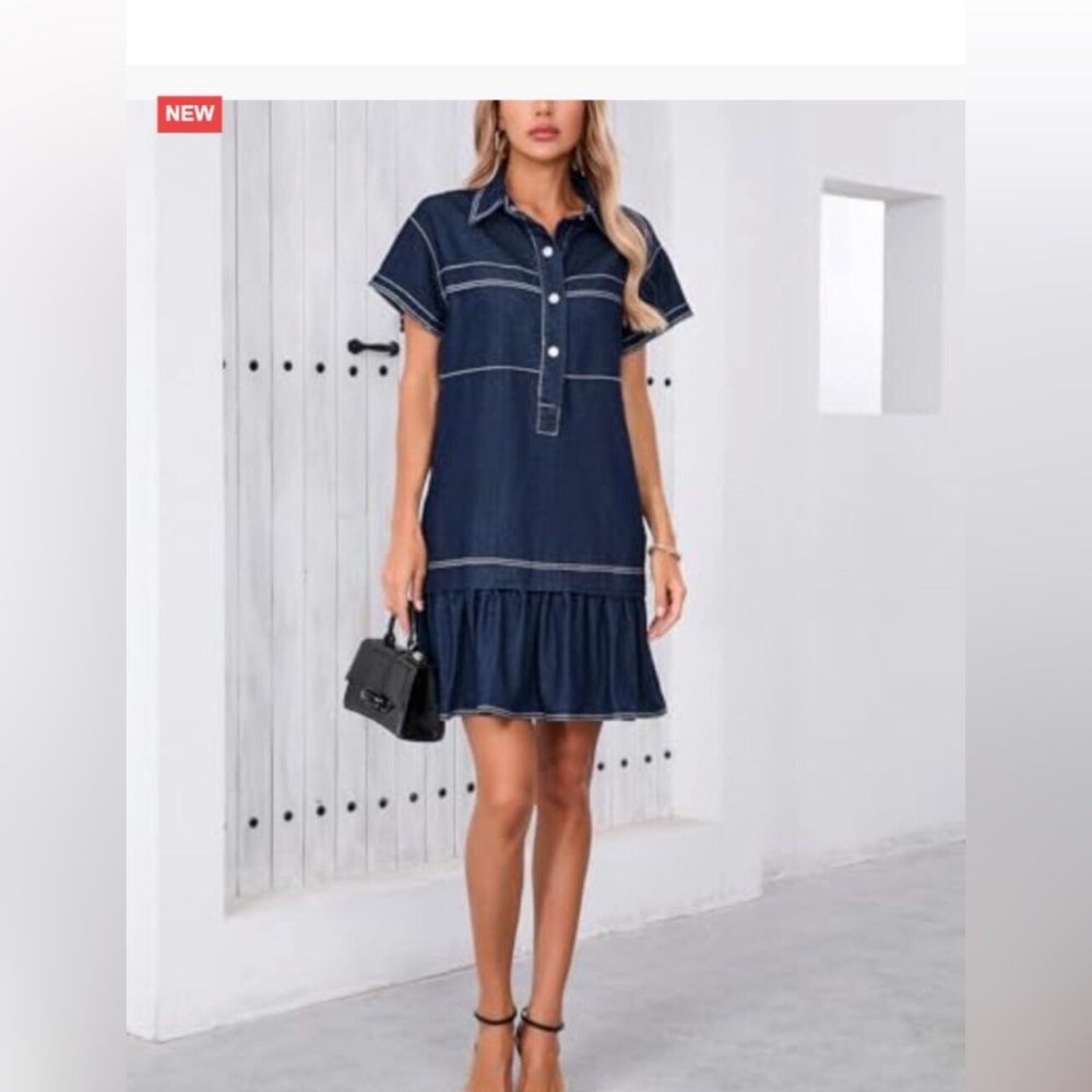 Drop Waist Ruffle Hem Mini Dress Short Sleeve Button Down Tunic Dress with